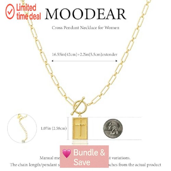 14K Gold Plated Cross Pendant Necklace 16.55" Paperclip Chain Toggle Clasp - Picture 5 of 8